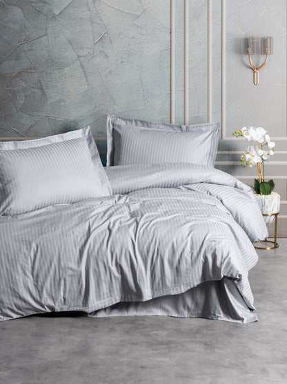 Cotton Box Elegant Stripe Satin Double Duvet Cover Set Gray