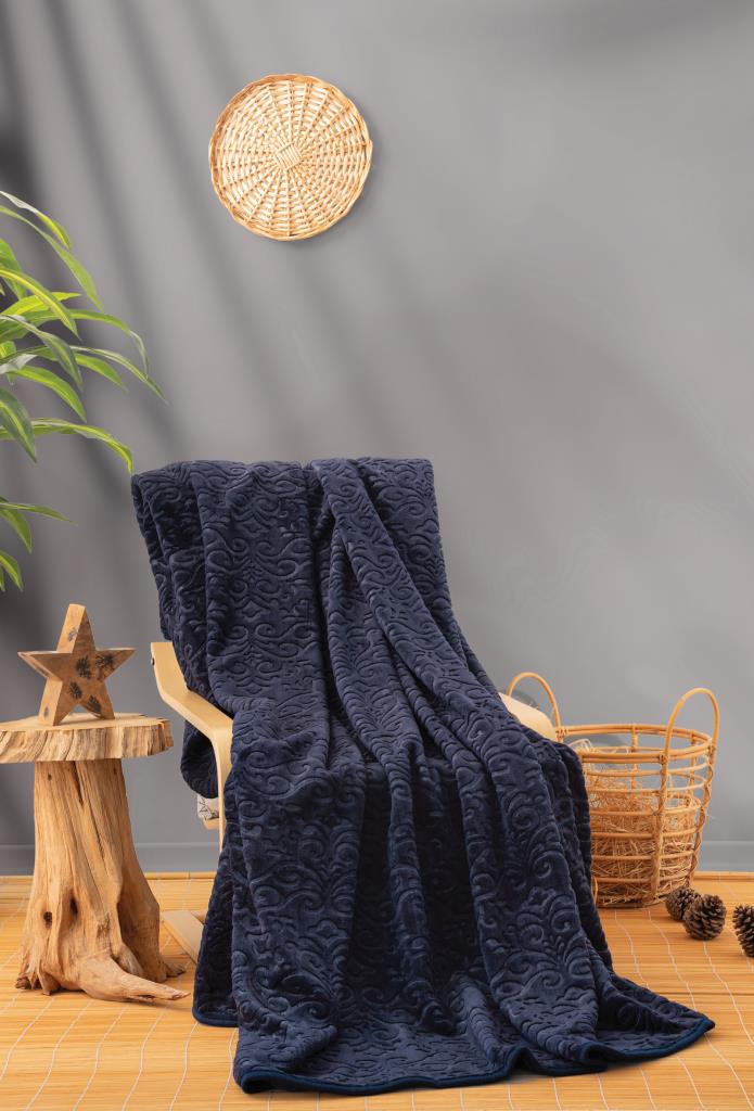 Cotton Box Emboss Double Blanket Navy Blue