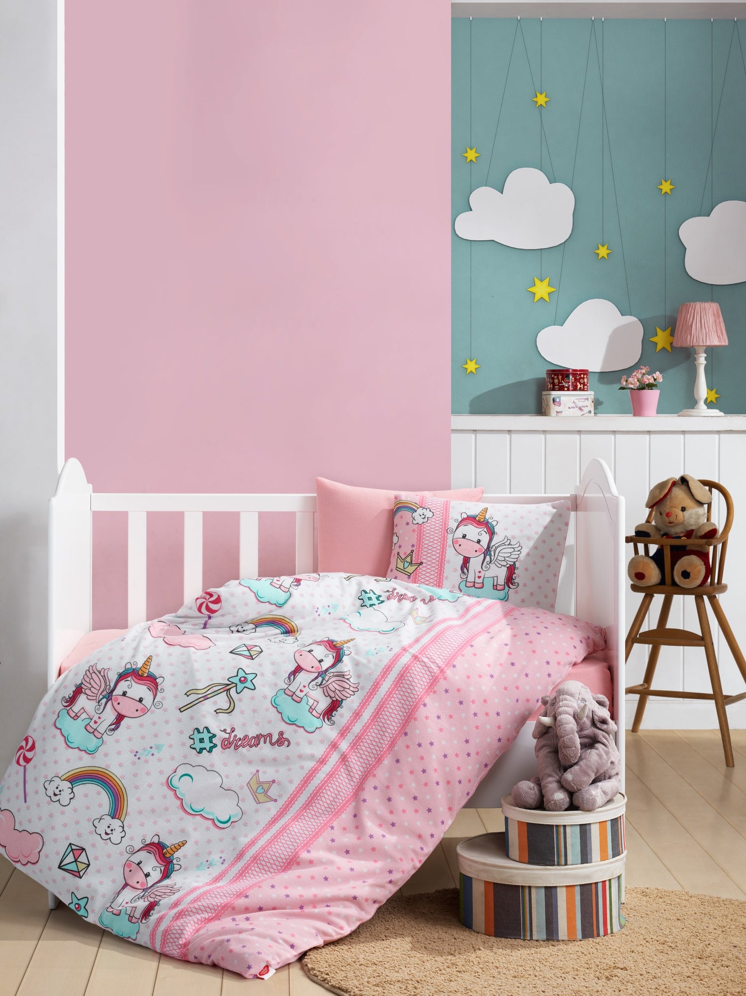 Cotton Box Flannel Baby Duvet Cover Set Unicorn Pink