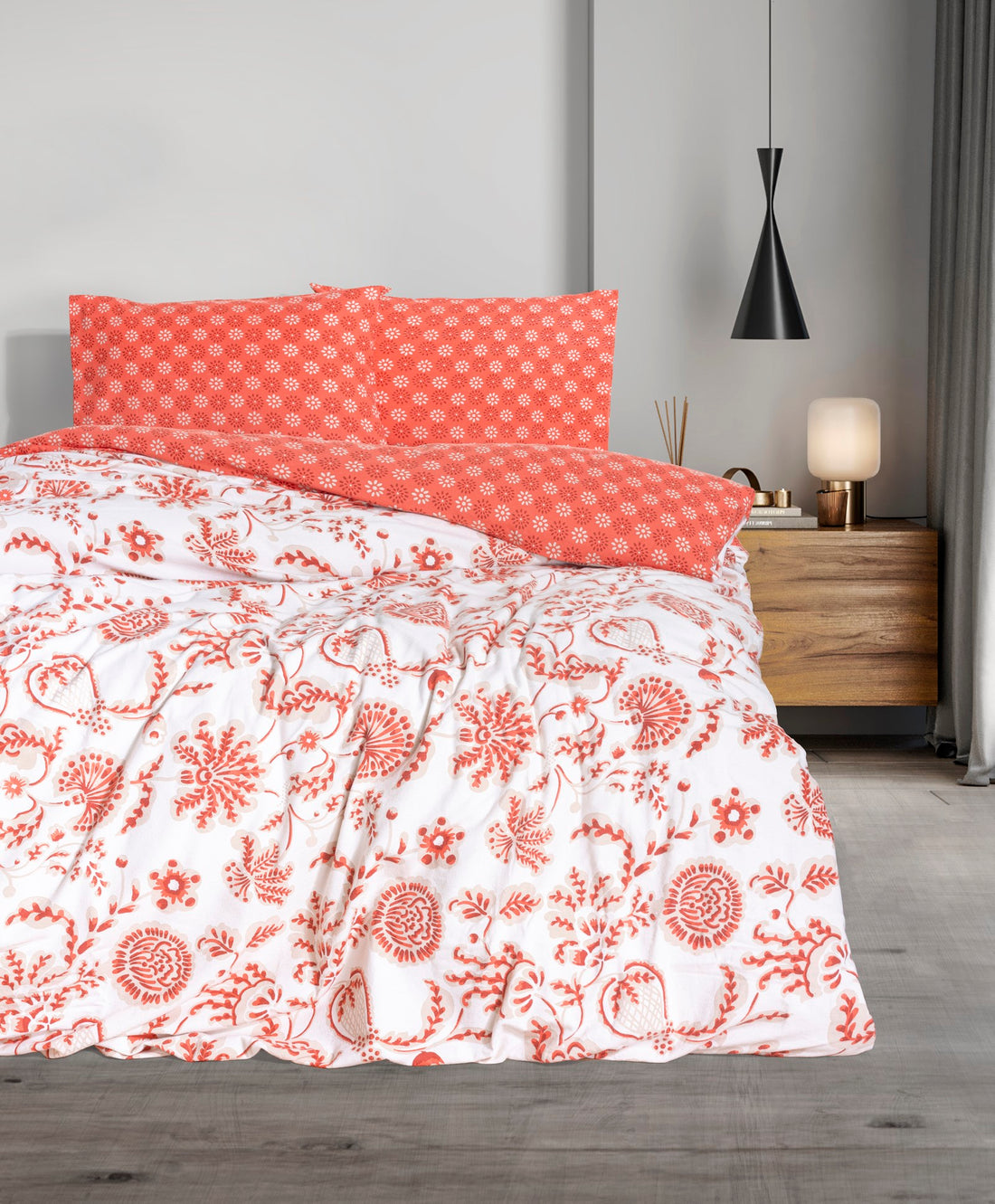 Cotton Box Flanel Çift Kişilik Nevresim Takımı Flowerland Kırmızı