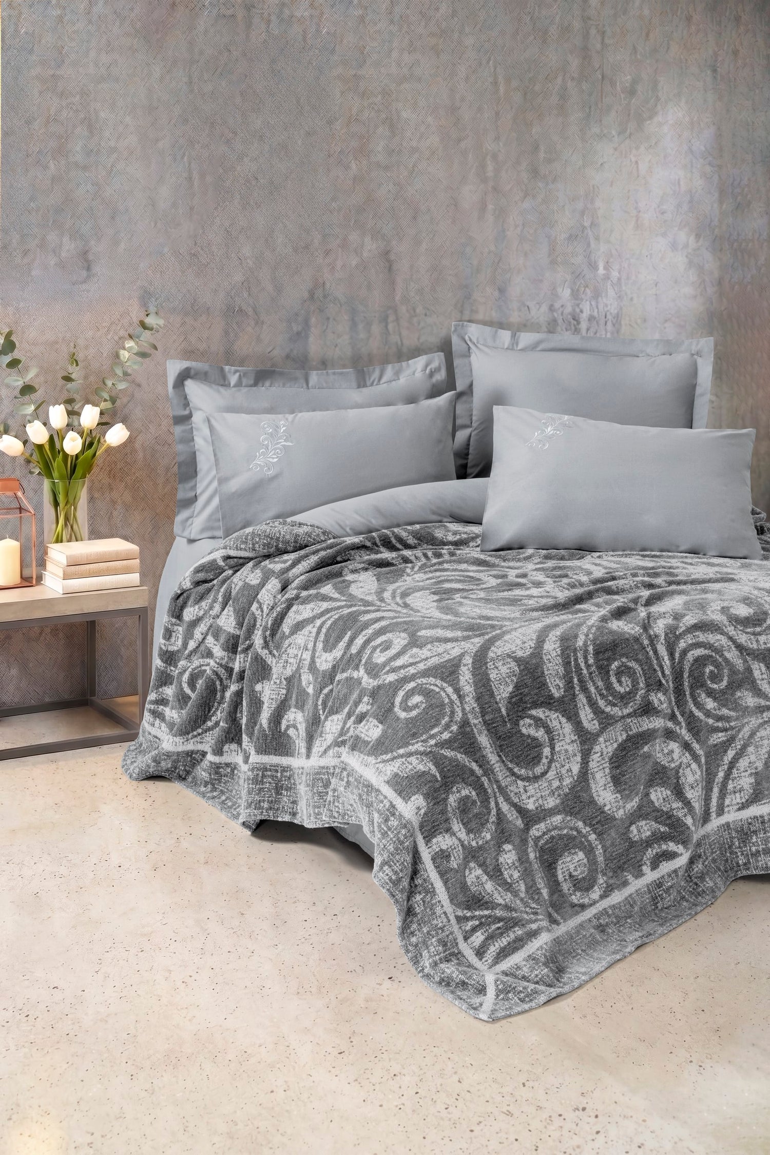 Cotton Box Fleece Çift Kişilik Yatak Örtülü Nevresim Takımı Volute Gri