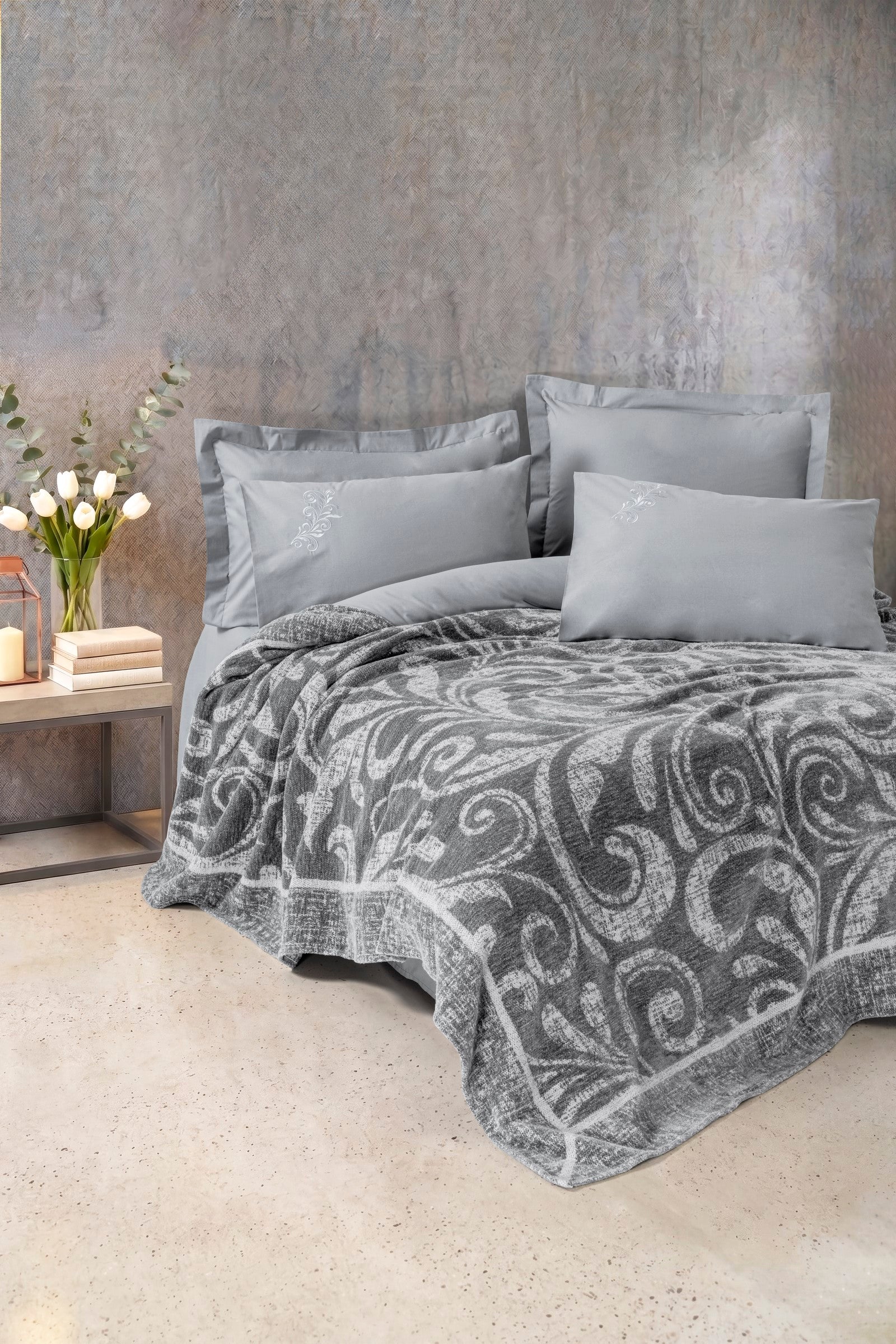 Cotton Box Fleece Çift Kişilik Yatak Örtülü Nevresim Takımı Volute Gri