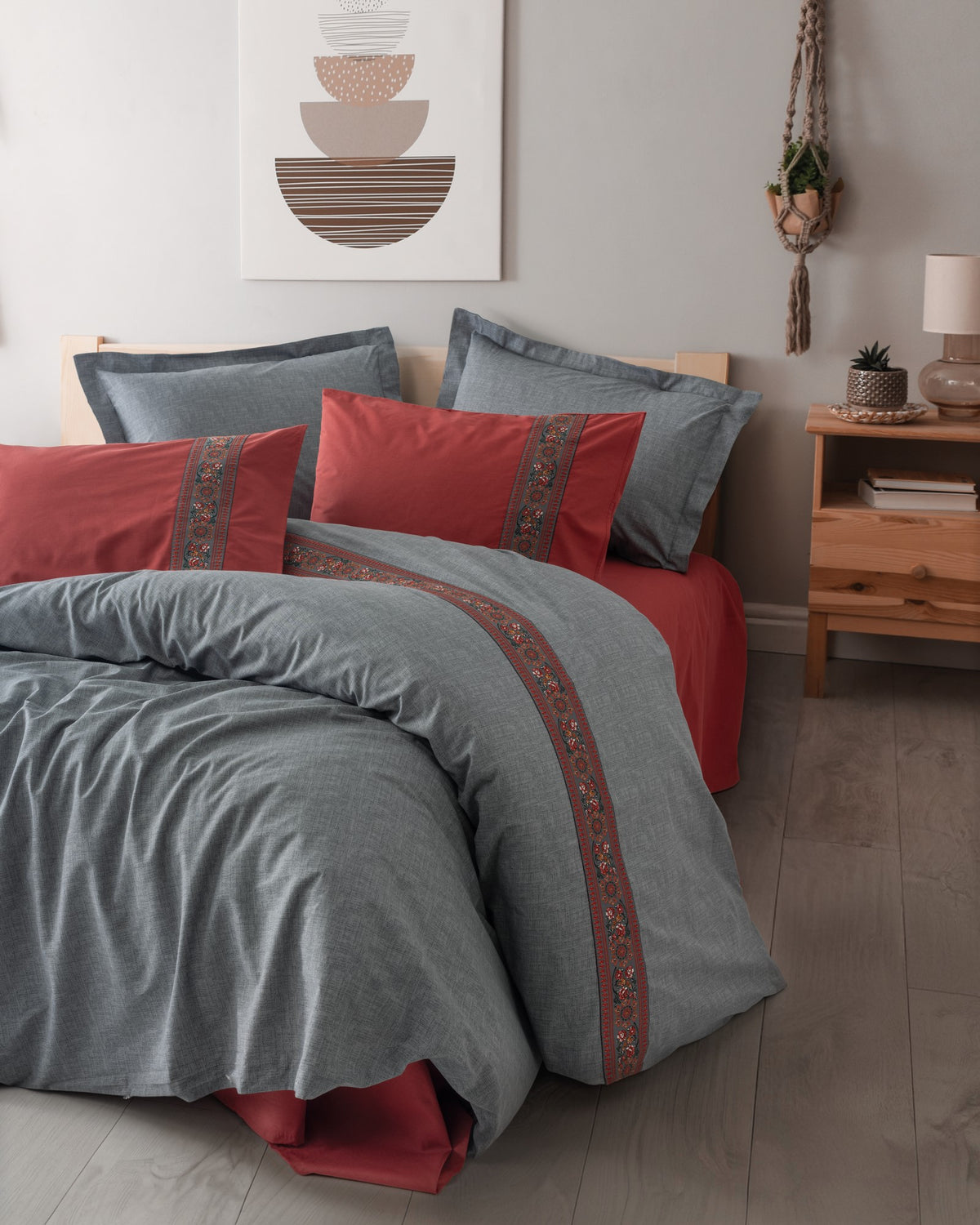 Cotton Box Folk Art Duvet Cover Set Double Felina Claret Red