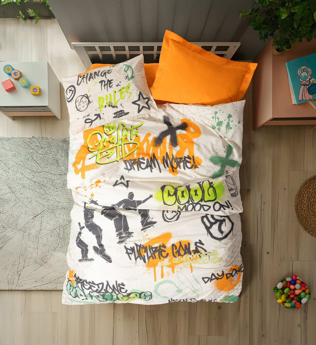 Cotton Box Youth Room Single Fitted Sheet Duvet Cover Set Graffiti Orange