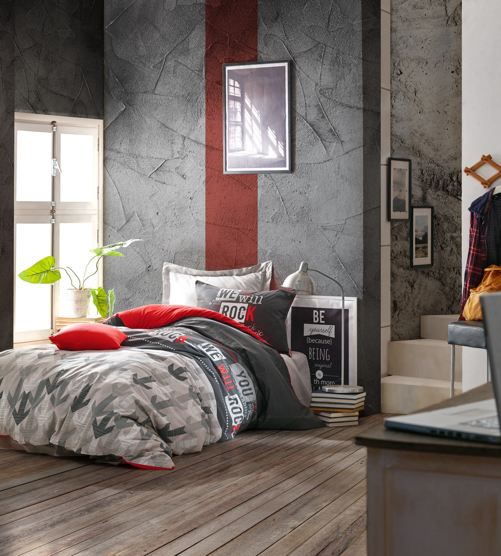 Cotton Box Teen Room Single Duvet Cover Set with Elastic Sheets Rock Red