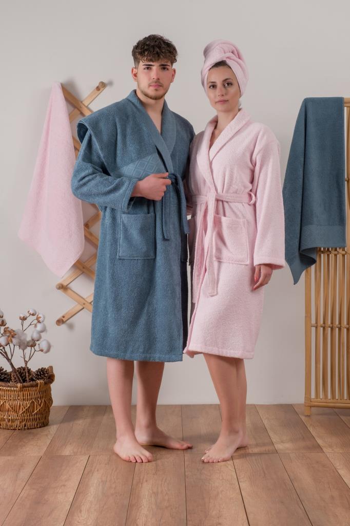 Cotton Box Jacquard Family Bathrobe Set Camilla Pink-Indigo