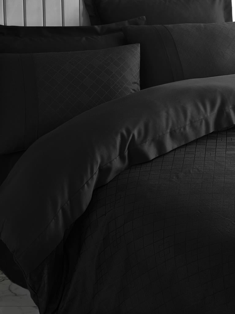 Cotton Box Jacquard Satin Double Duvet Cover Set Checkerboard Black