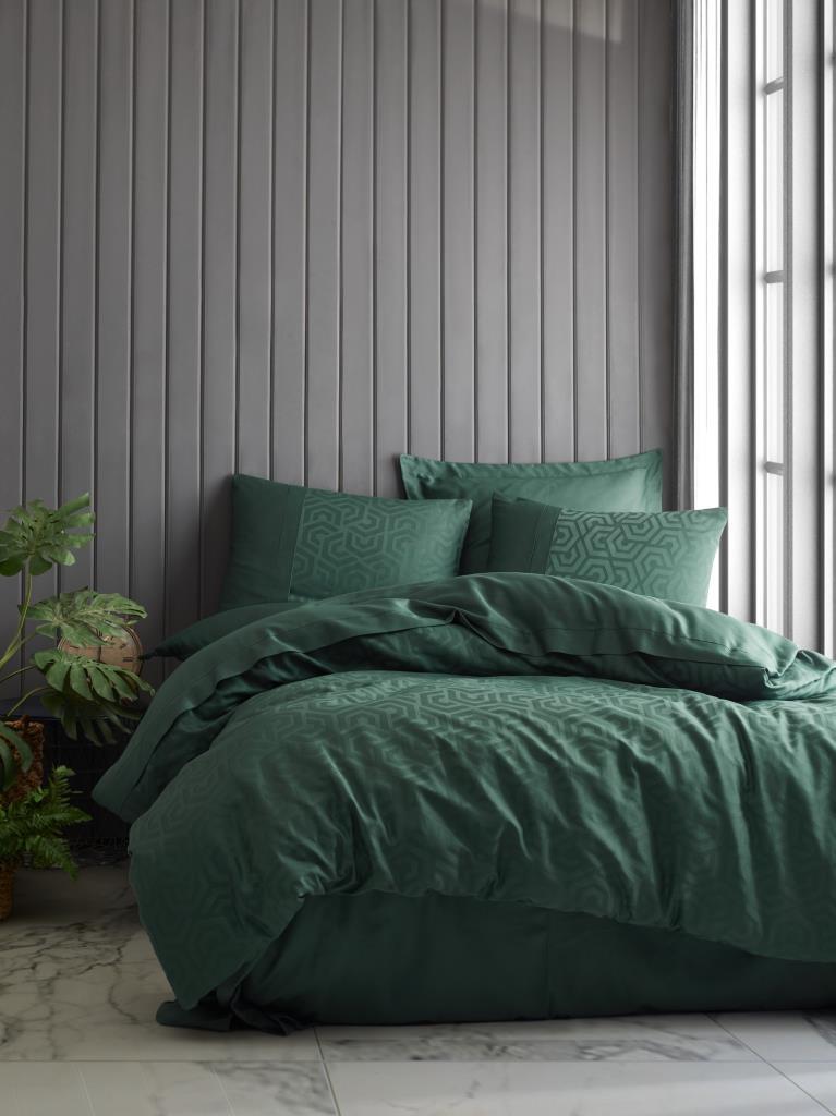 Cotton Box Jacquard Satin Double Duvet Cover Set Hexa Green
