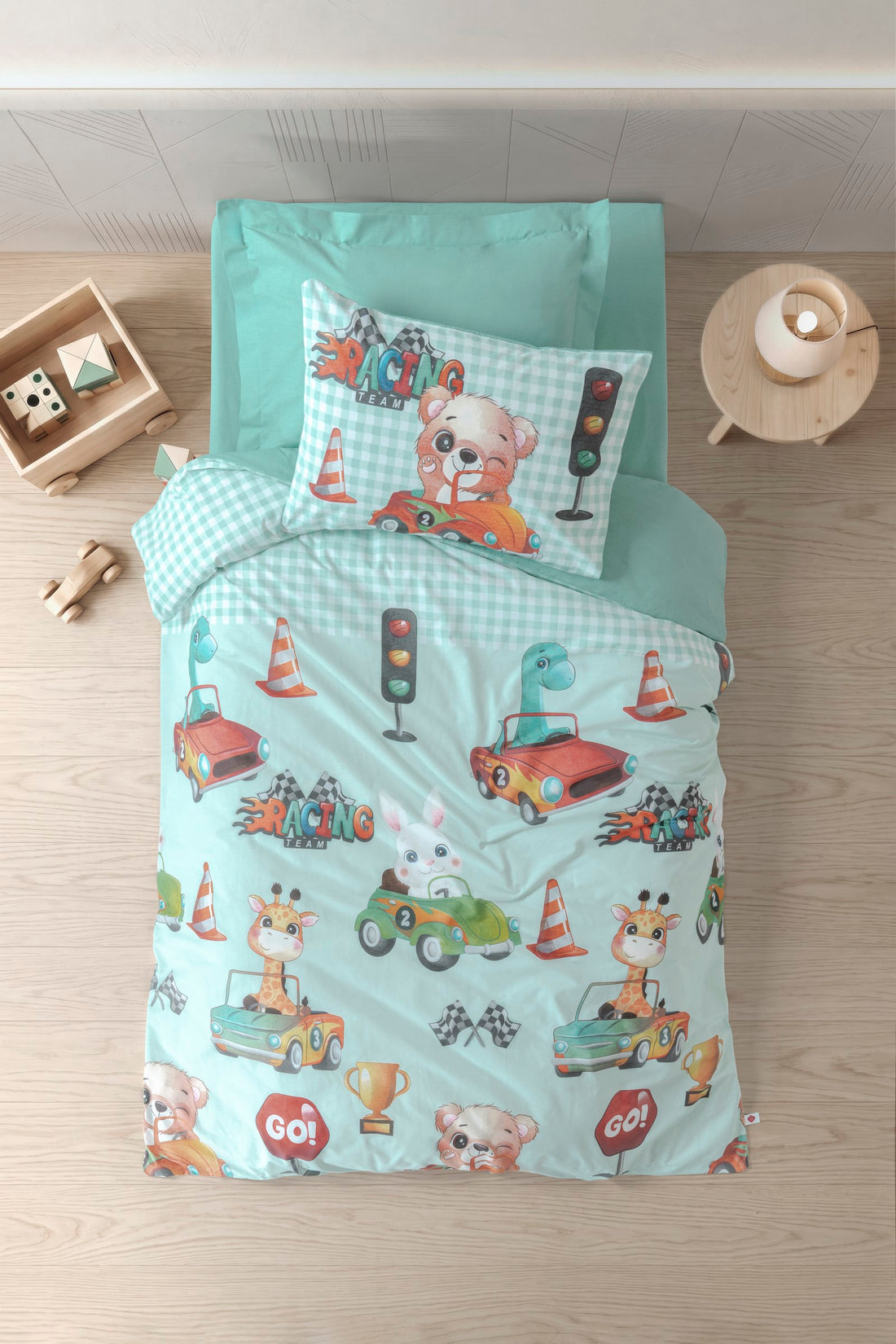 Cotton Box Junior Tek Kişilik Lastikli Çarşaflı Nevresim Takımı Vroom Mint