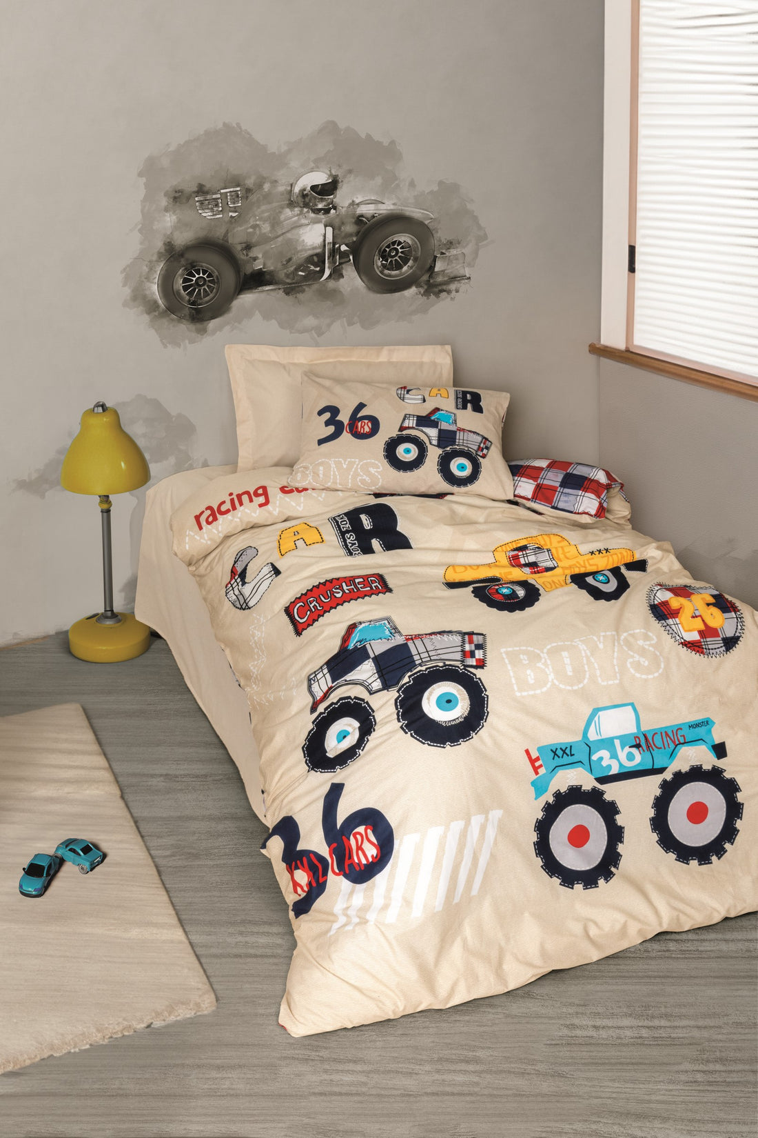 Cotton Box Junior Single Duvet Cover Set Cars Beige