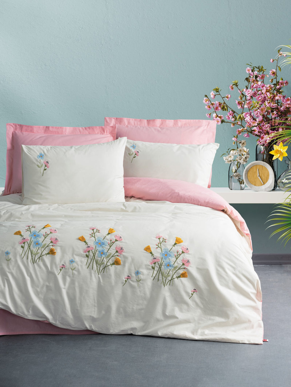 Cotton Box Embroidered Ranforce Double Duvet Cover Set Delbin Pink