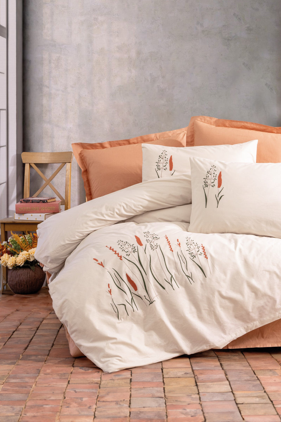 Cotton Box Embroidered Ranforce Double Duvet Cover Set Maia Karamel