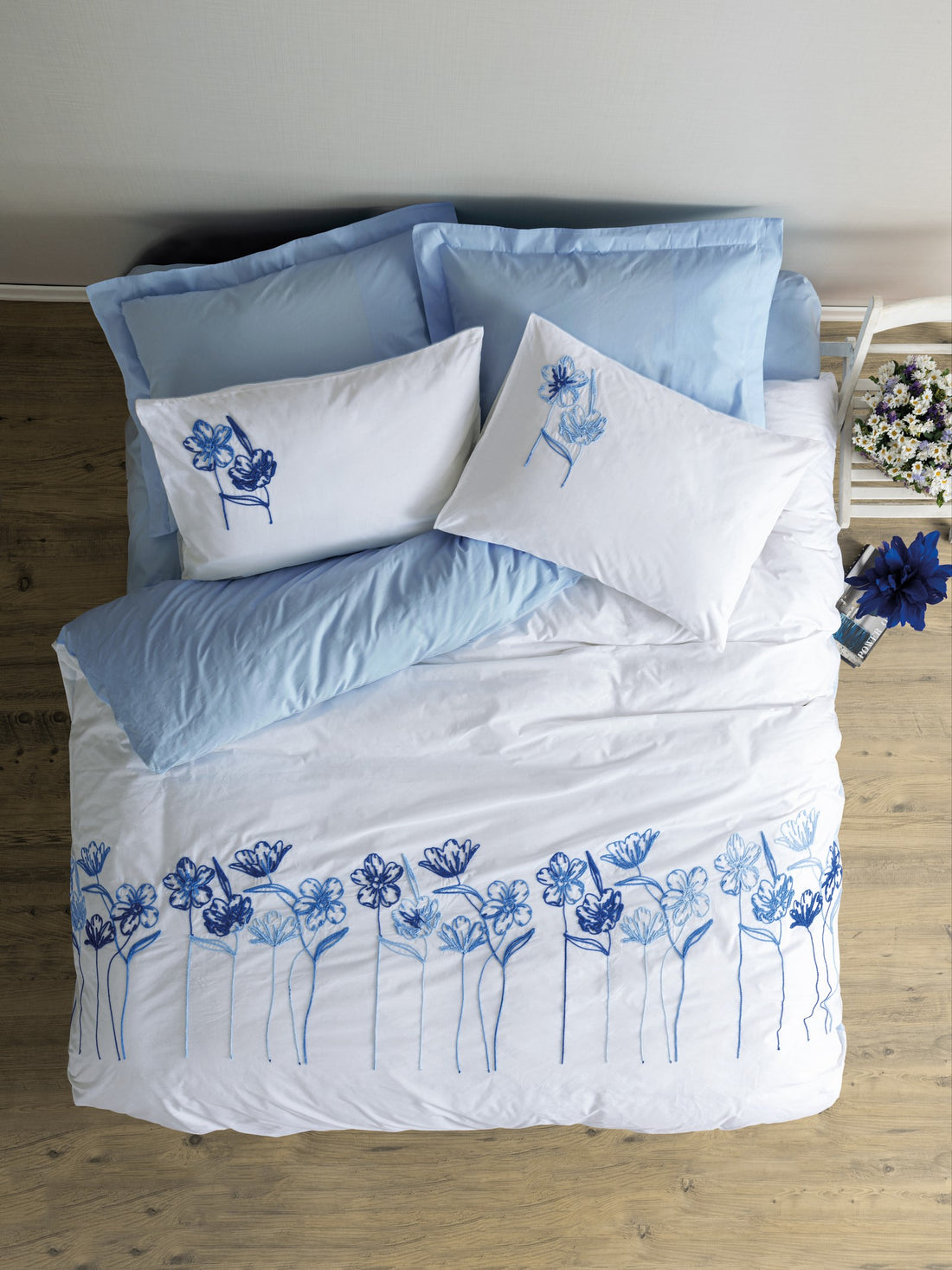 Cotton Box Embroidered Ranforce Double Duvet Cover Set Onella Blue