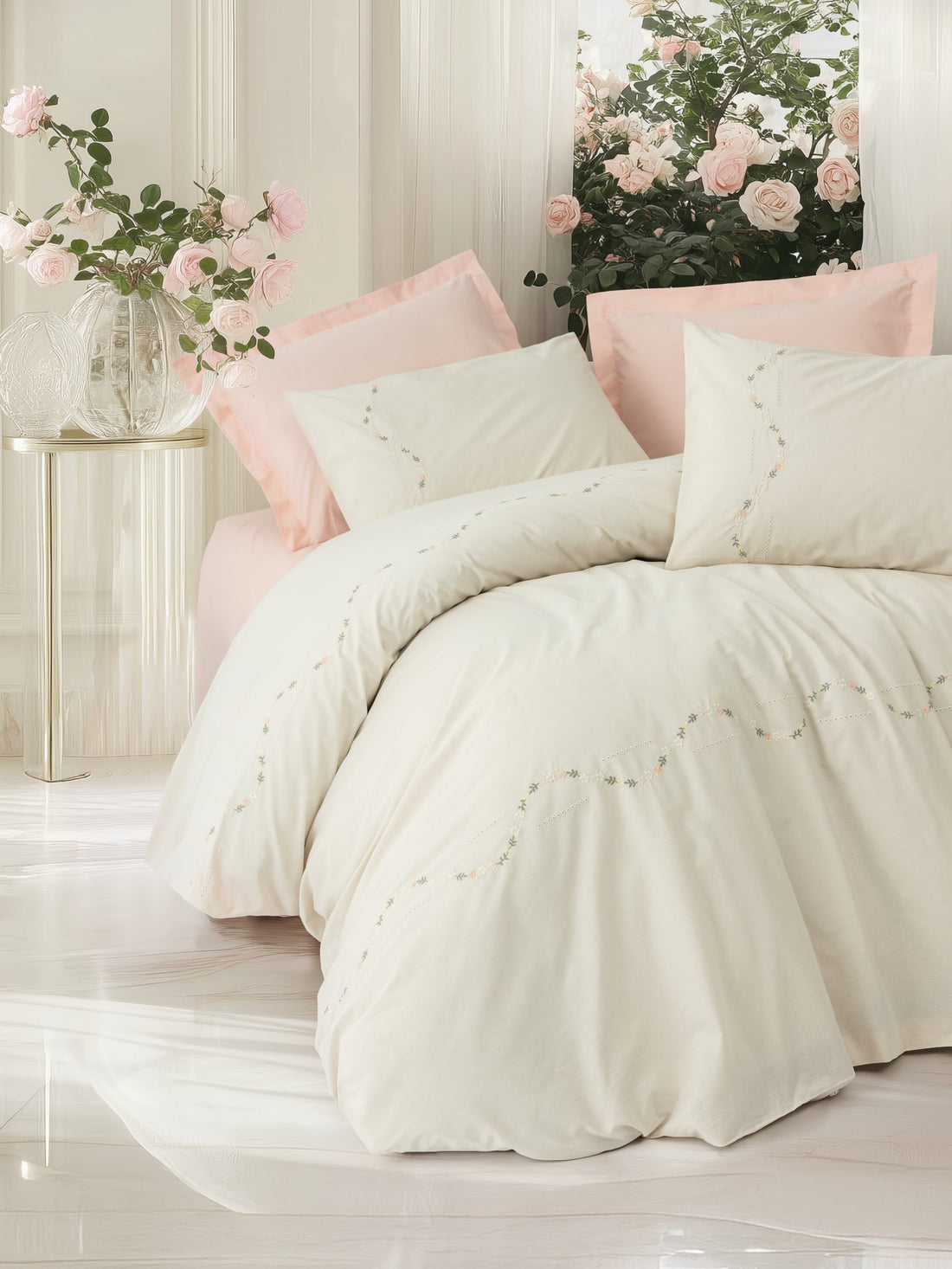 Cotton Box Nakışlı Ranforce Çift Kişilik Nevresim Takımı Orya Somon