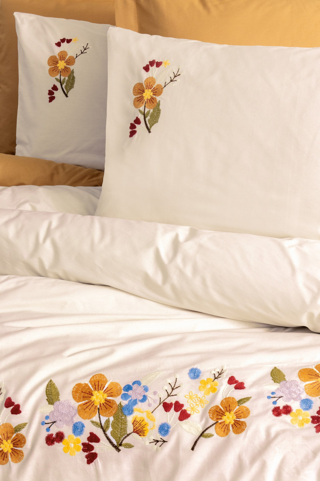 Cotton Box Embroidered Ranforce Double Duvet Cover Set Cotton Mustard