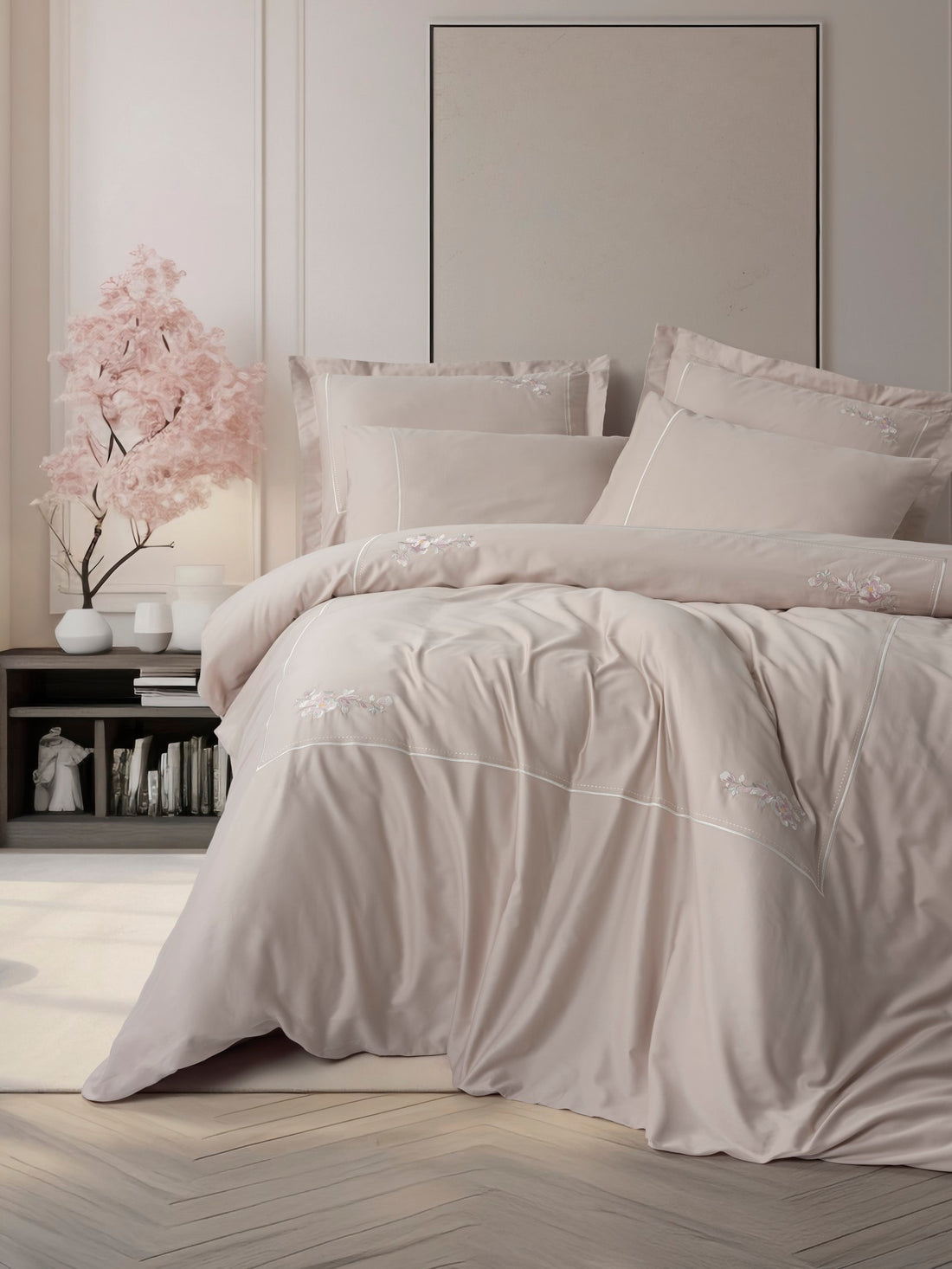 Cotton Box Embroidered Satin Double Duvet Cover Set Alameda Lilac