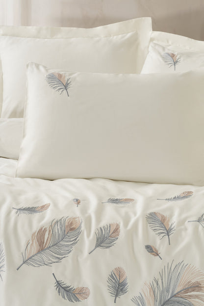 Cotton Box Nakışlı Saten Çift Kişilik Nevresim Takımı Alula Ekru