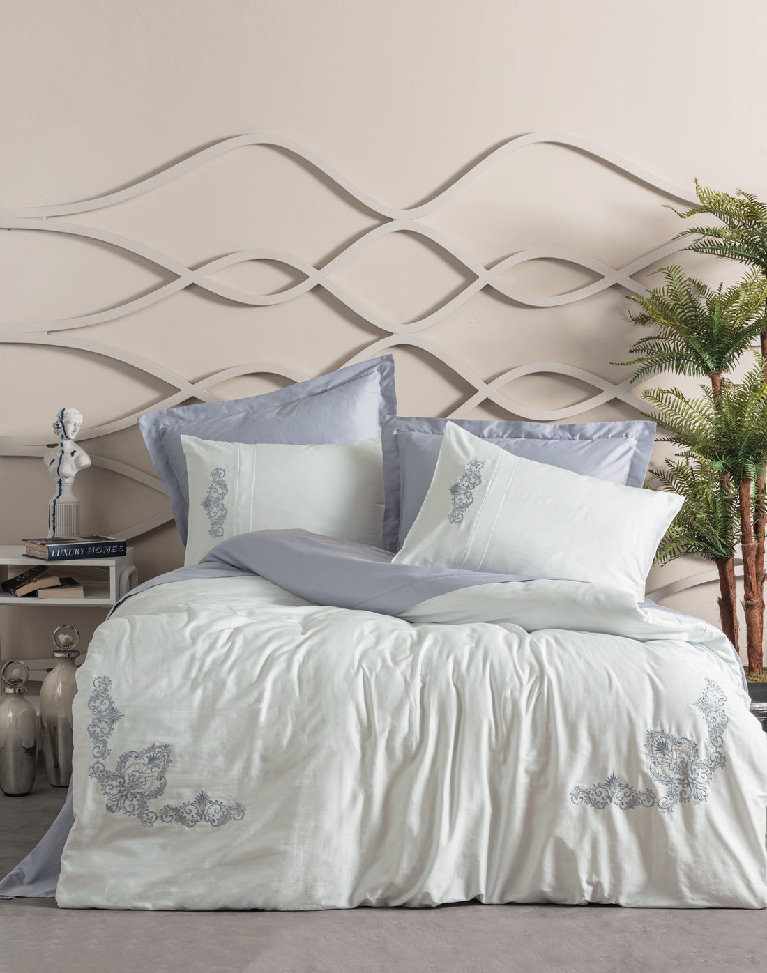 Cotton Box Embroidered Satin Double Duvet Cover Set Biana Gray