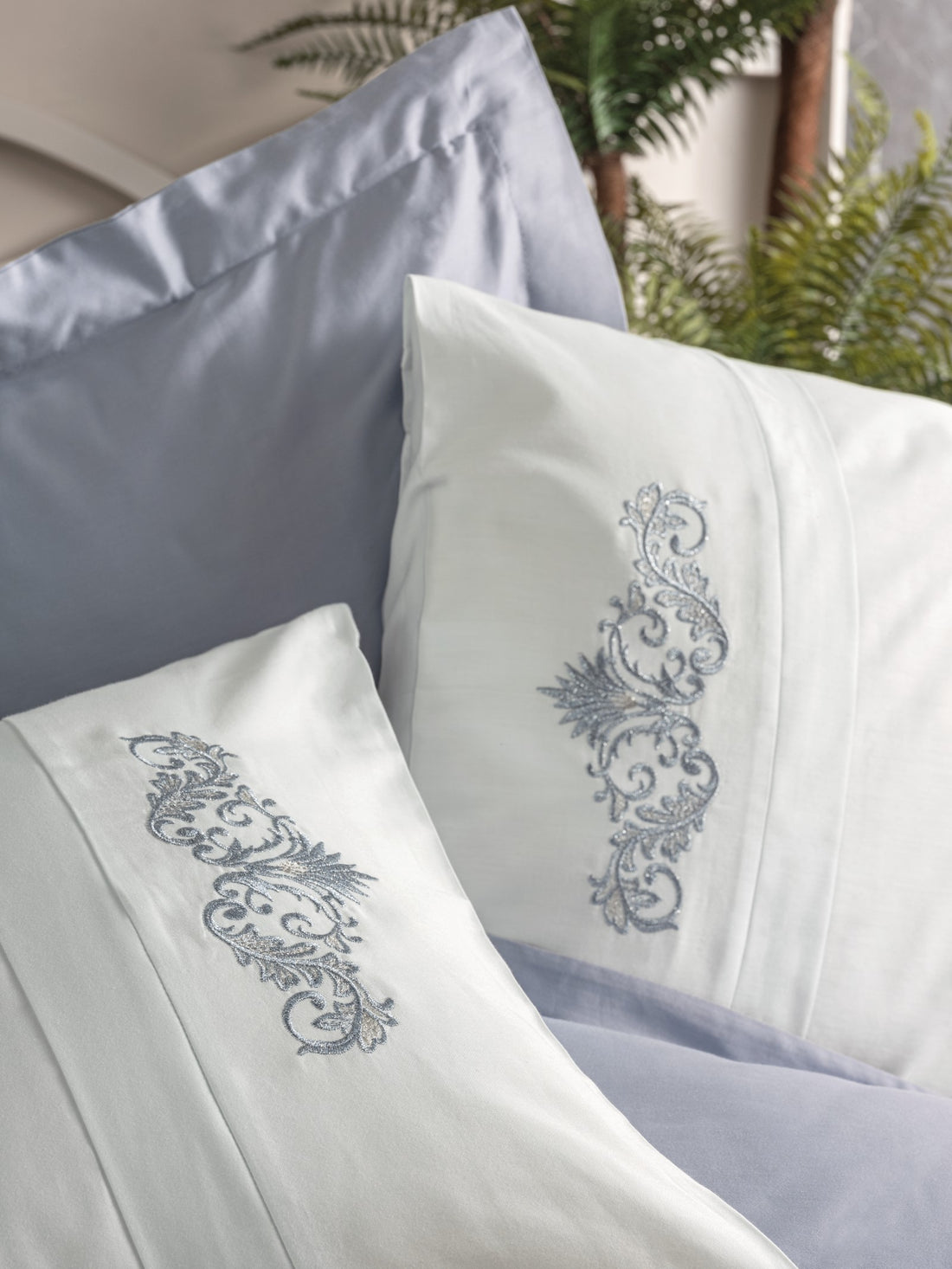Cotton Box Embroidered Satin Double Duvet Cover Set Biana Gray