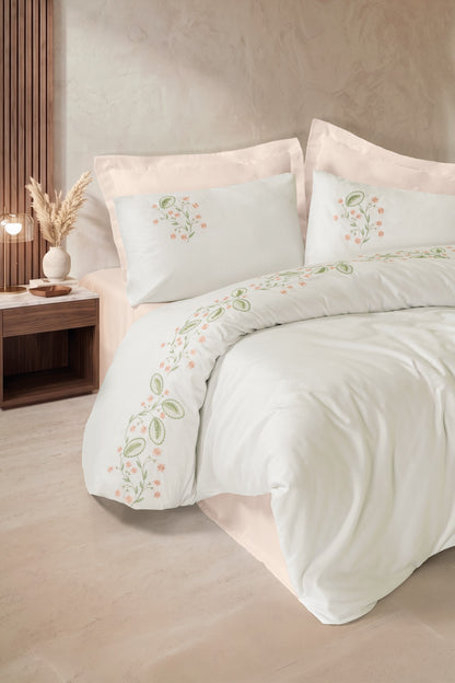 Cotton Box Nakışlı Saten Çift Kişilik Nevresim Takımı Fleurine Somon