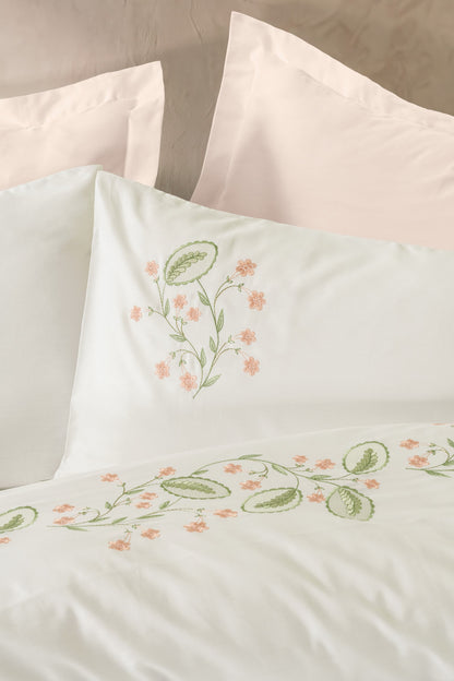 Cotton Box Nakışlı Saten Çift Kişilik Nevresim Takımı Fleurine Somon