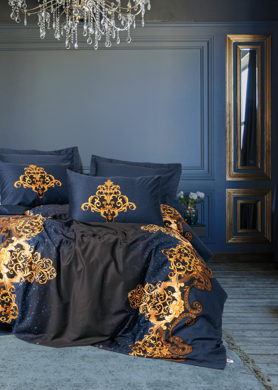Cotton Box Palace Satin Double Duvet Cover Set Tutsu Navy Blue