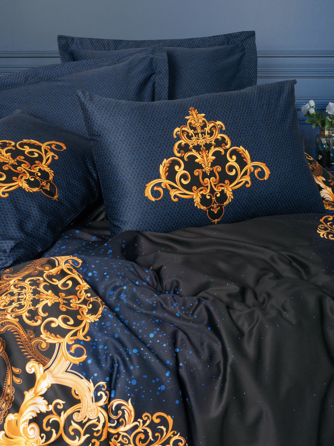 Cotton Box Palace Satin Double Duvet Cover Set Tutsu Navy Blue
