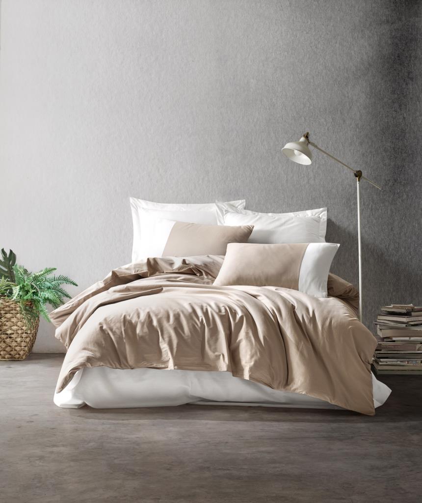 Cotton Box Plain Double Duvet Cover Set Mink - Cream