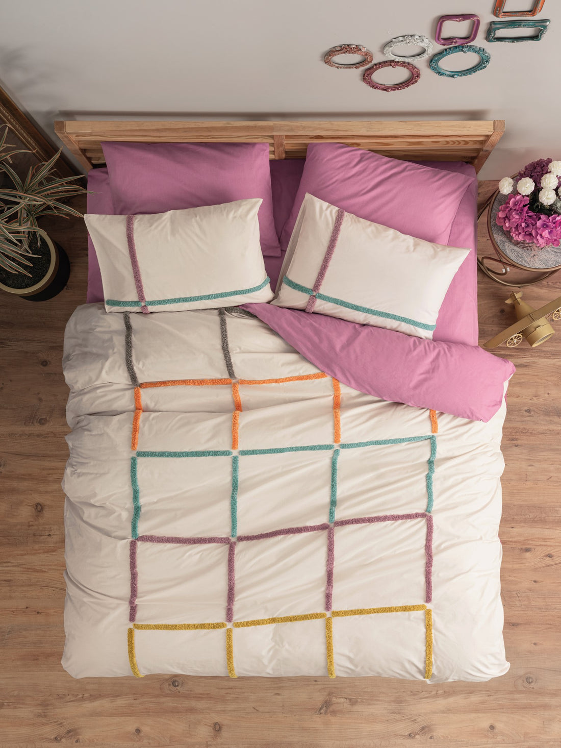 Cotton Box Puff Embroidered Double Duvet Cover Set Insula Dusty Rose