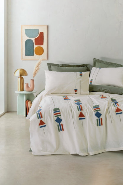 Cotton Box Puff Nakışlı Çift Kişilik Nevresim Takımı Verdara Haki