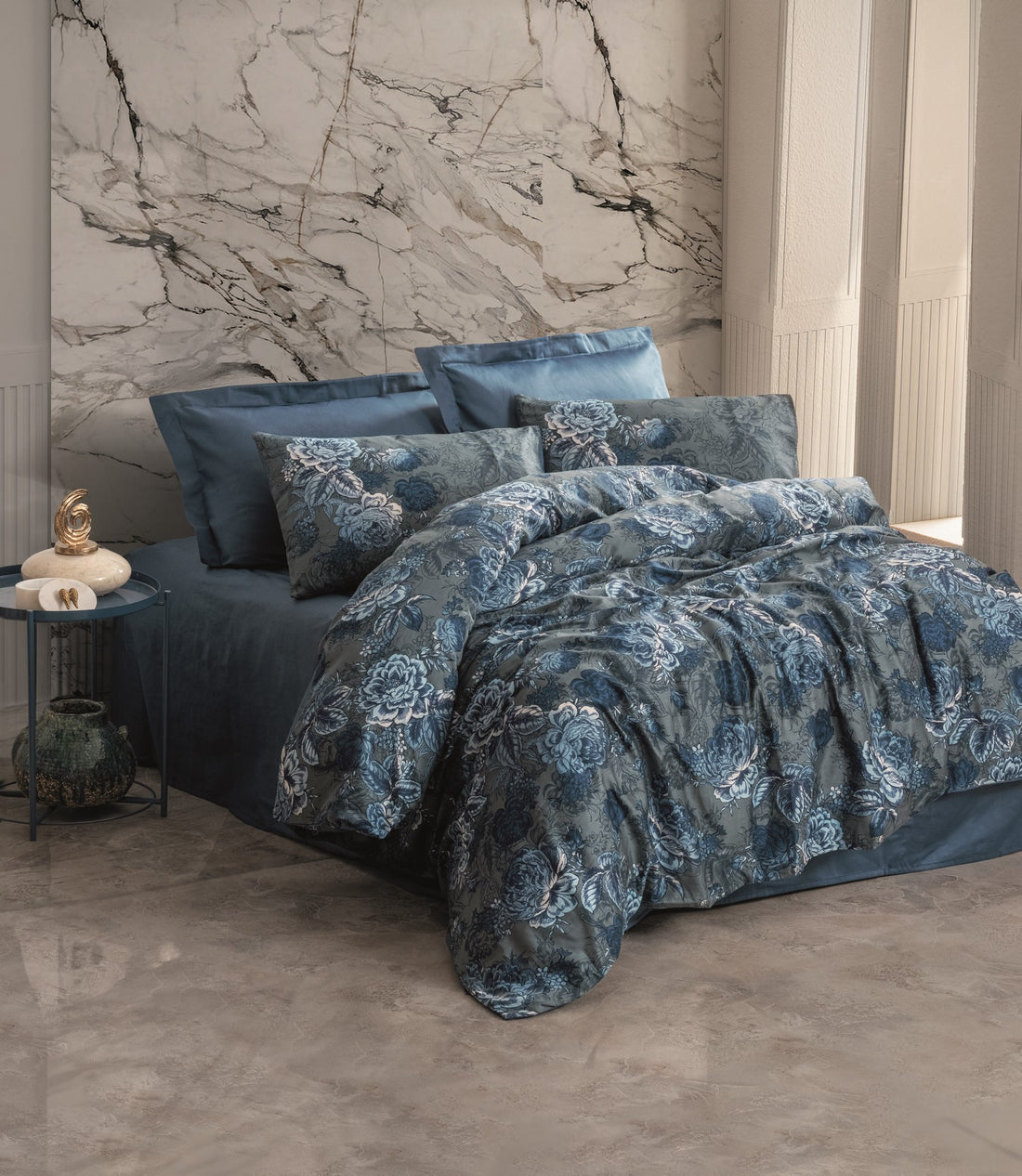 Cotton Box Satin Double Duvet Cover Set Liza Petrol