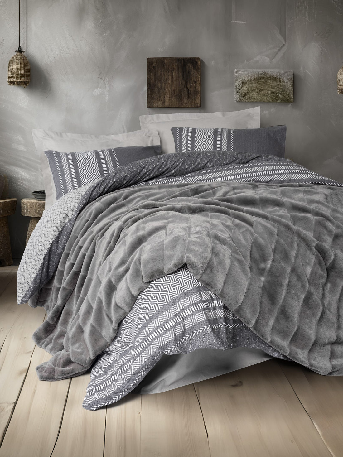 Cotton Box Trim Double Fur Blanket Duvet Cover Set Suave Anthracite