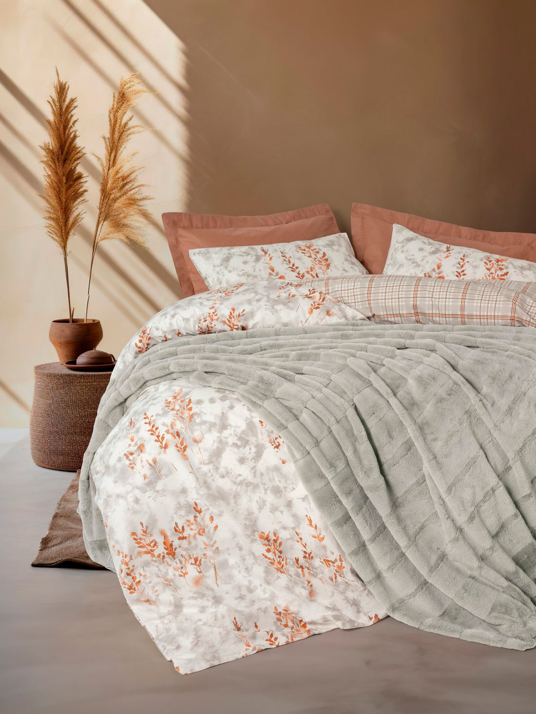 Cotton Box Trim Double Fur Blanket Duvet Cover Set Suave Gray