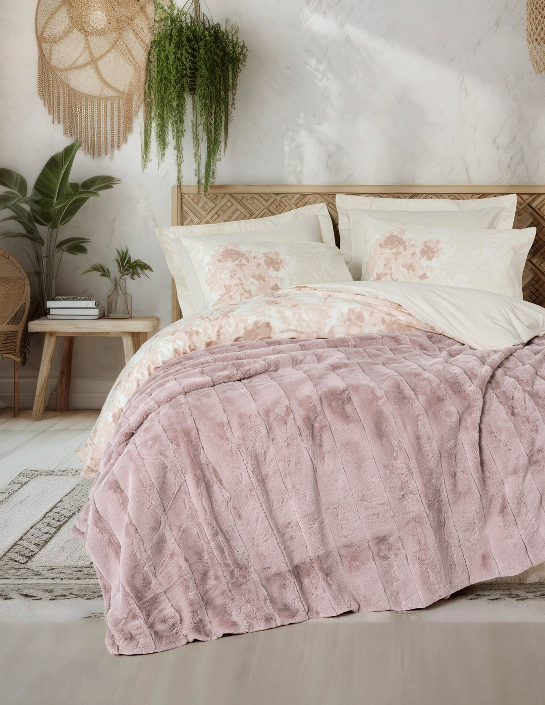 Cotton Box Trim Double Fur Blanket Duvet Cover Set Suave Pudra