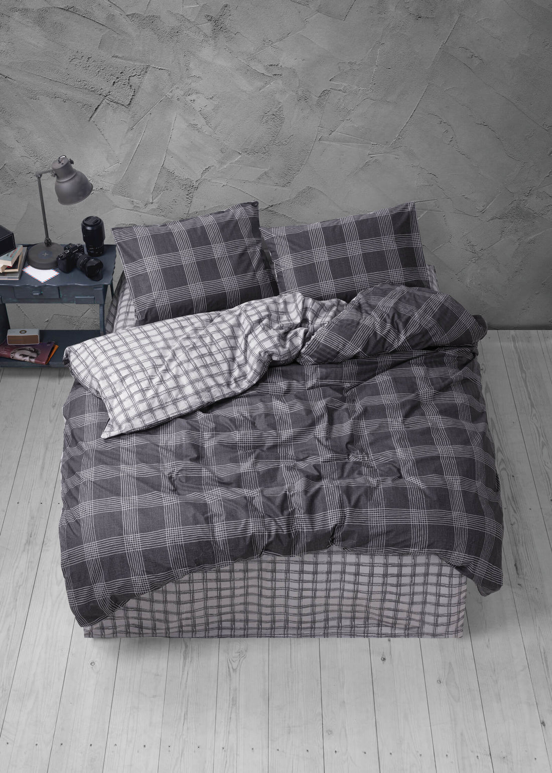 Cozy Home Double Duvet Cover Set with Elastic Sheets Plaid Anthracite