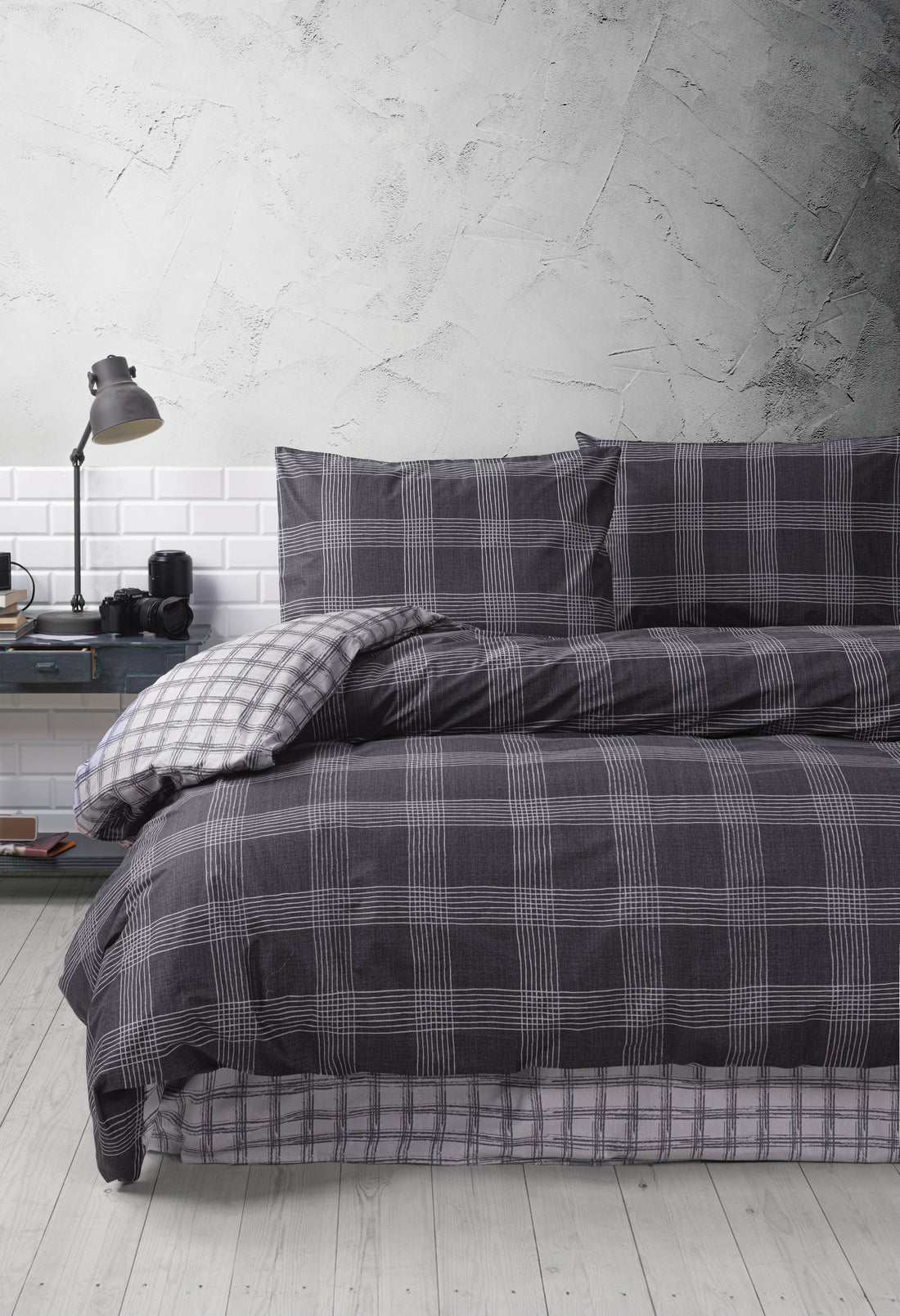 Cozy Home Double Duvet Cover Set with Elastic Sheets Plaid Anthracite