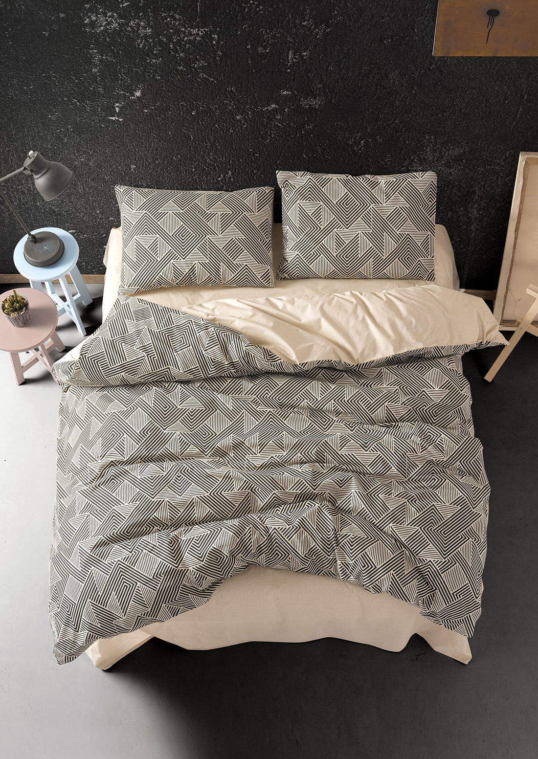 Cozy Home Double Duvet Cover Set with Elastic Sheets Labyrinth Stone