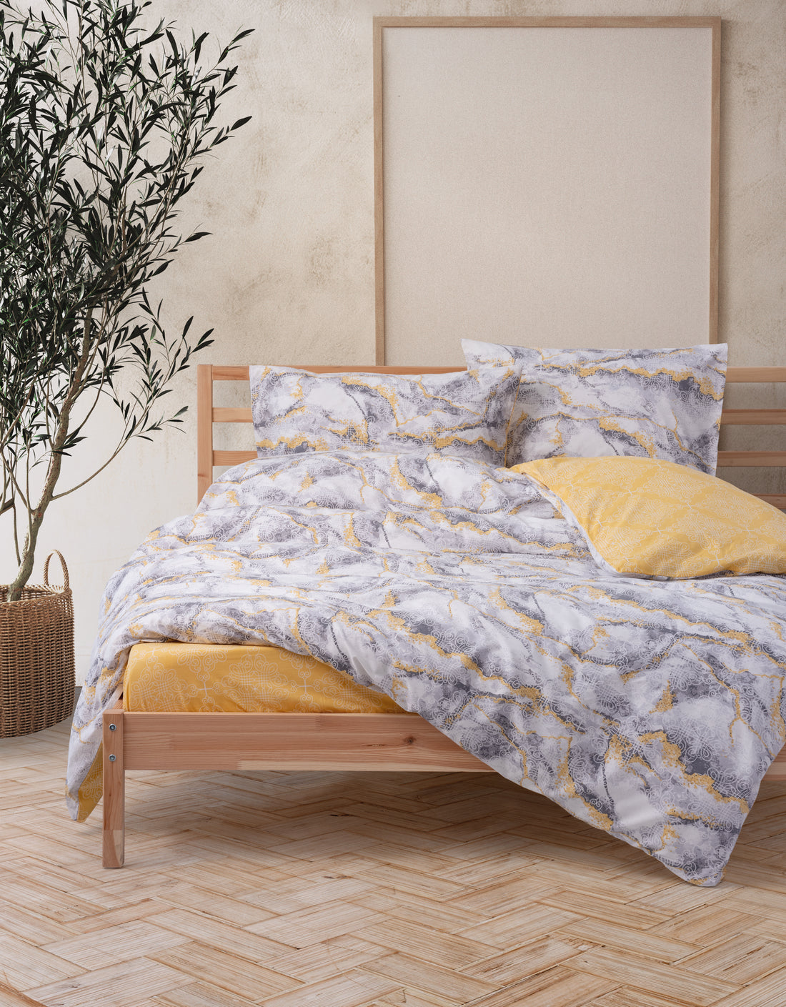 Cozy Home Double Duvet Cover Set with Elastic Sheets, Marble Yellow