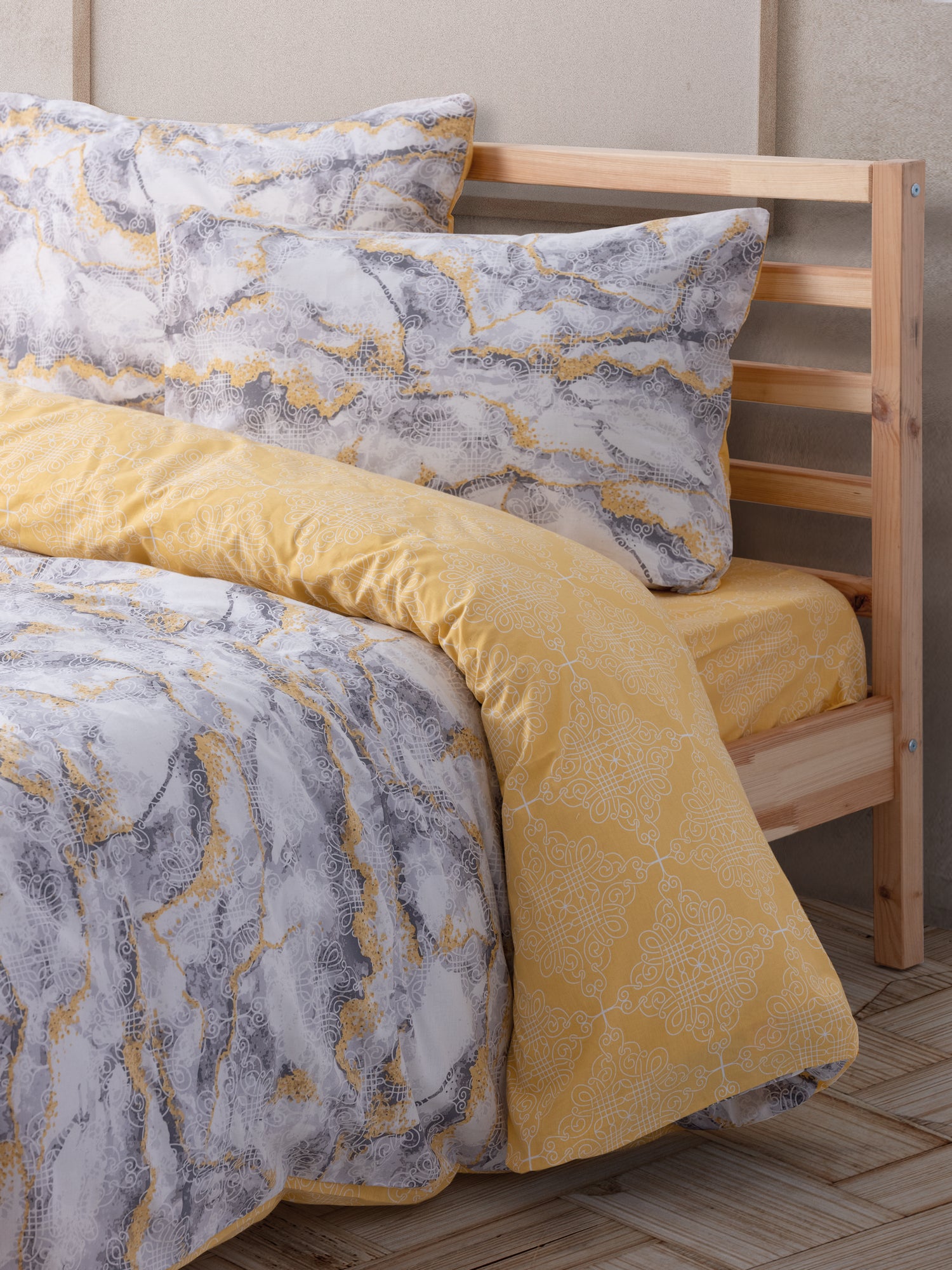 Cozy Home Double Duvet Cover Set with Elastic Sheets, Marble Yellow