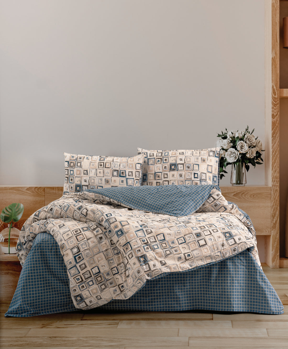 Cozy Home Double Duvet Cover Set with Fitted Sheets Quadra Blue