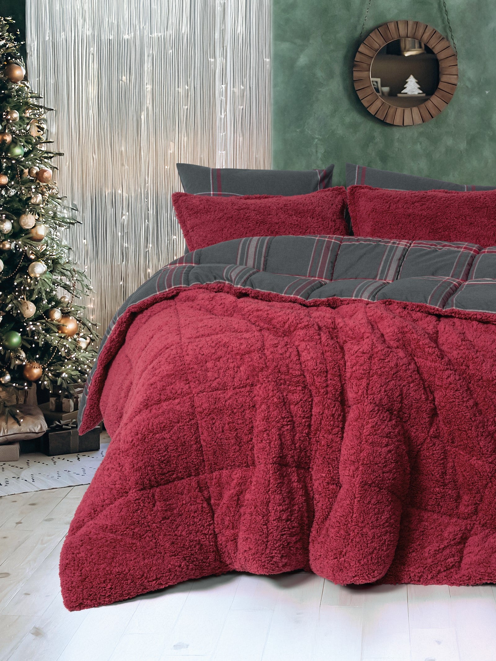 Cozy Home Festive Çift Kişilik Çift Taraflı Peluş Yorgan Noel Kırmızı