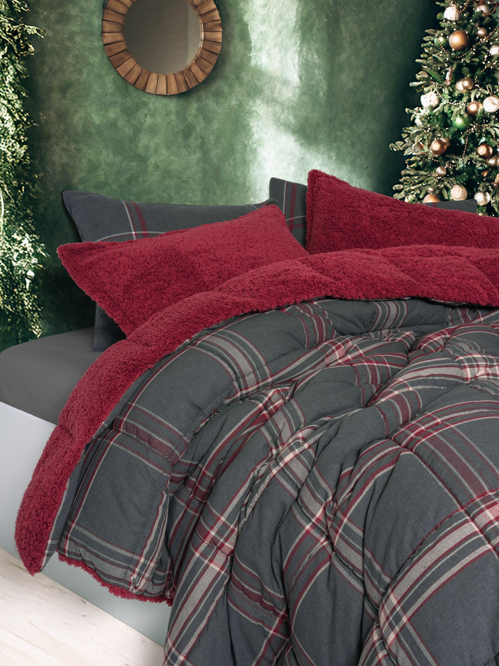 Cozy Home Festive Çift Kişilik Çift Taraflı Peluş Yorgan Noel Kırmızı