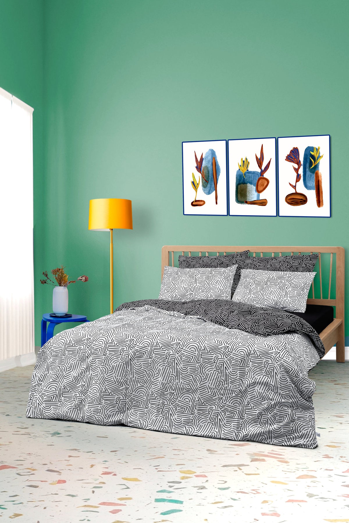 Cozy Home Mono Double Fitted Sheet Duvet Cover Set Maze Black
