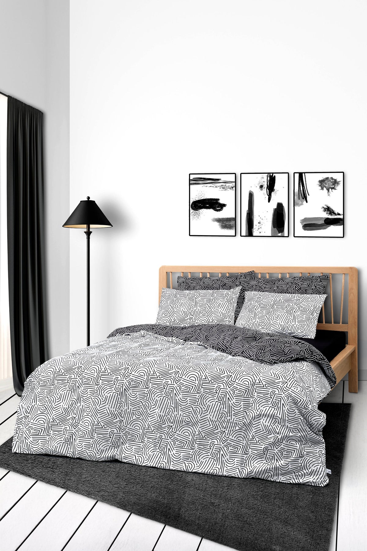 Cozy Home Mono Double Fitted Sheet Duvet Cover Set Maze Black