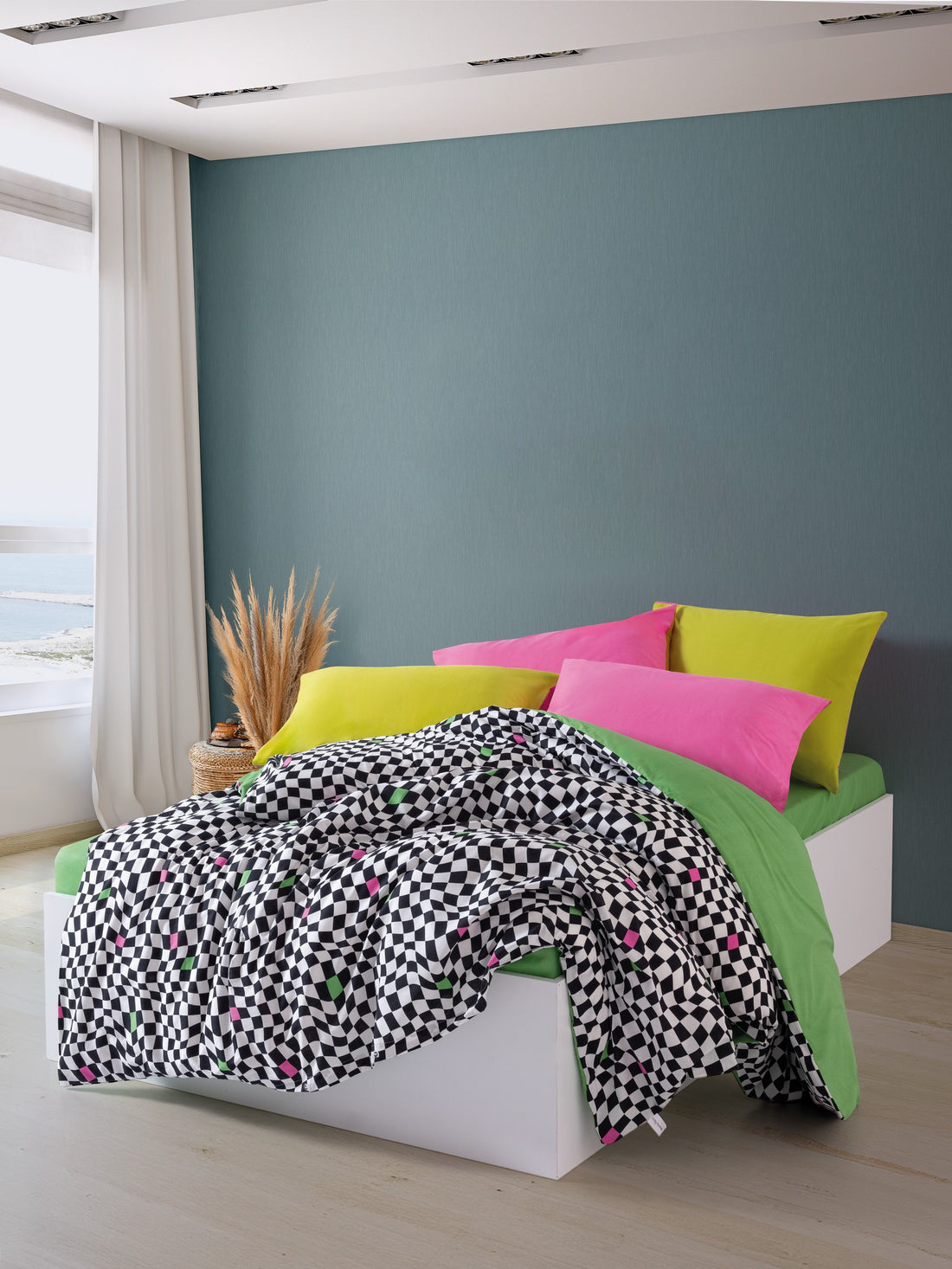 Cozy Home Popping Colors Double Duvet Cover Set with Elastic Sheets Dazzle Green