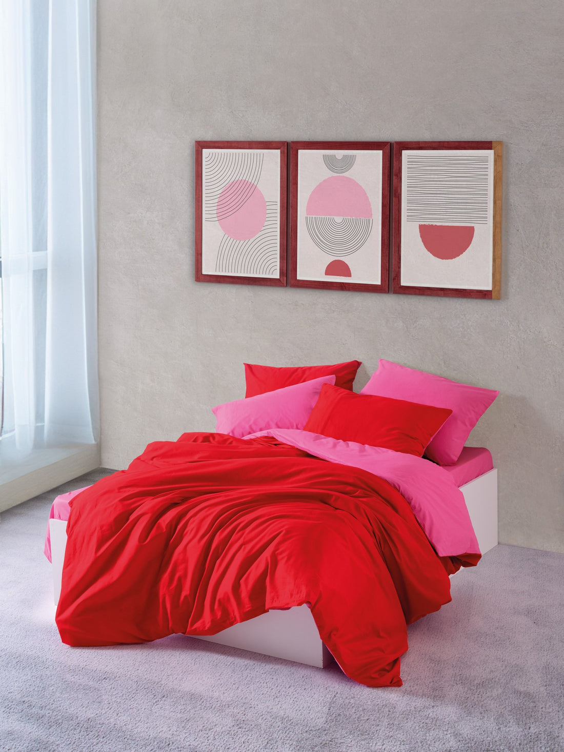 Cozy Home Popping Colors Double Duvet Cover Set with Elastic Sheets Sage Red-Fuchsia