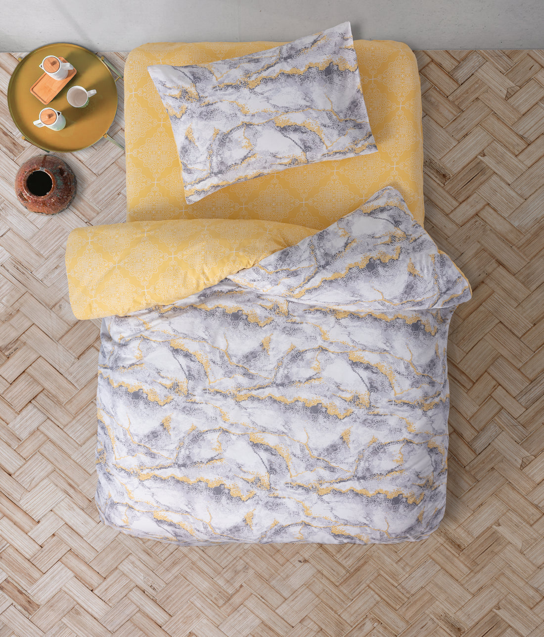 Cozy Home Single Duvet Cover Set with Elastic Sheets, Marble Yellow